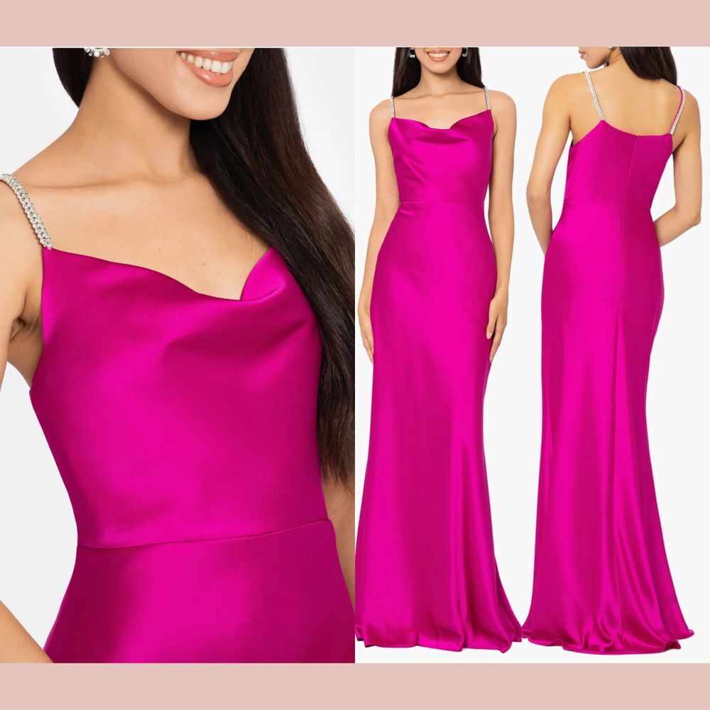 NWT $288 XSCAPE [ 2 ]‎ Rhinestone Strap Cowl Neck Gown in Bright Magenta